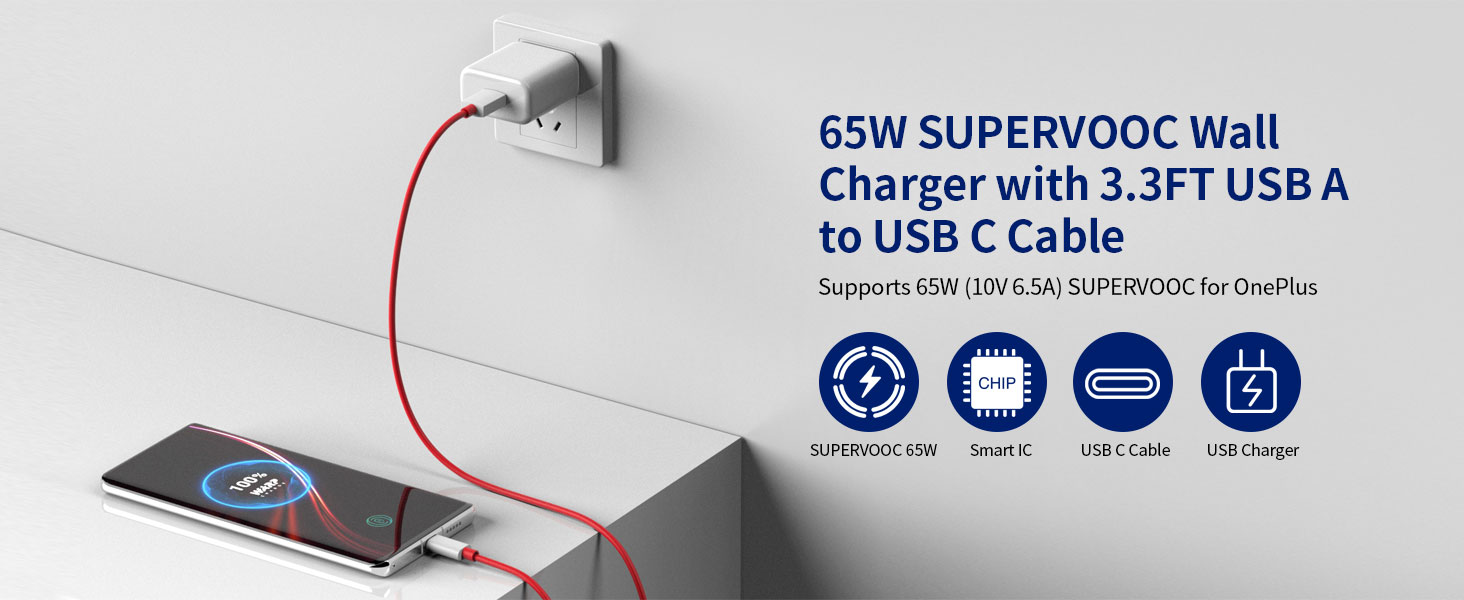 OnePlus Warp Charger, 65W Warp Fast Wall Charger Charging Cable for OnePlus 11 10 10T 9 Pro 9 9R 8T+